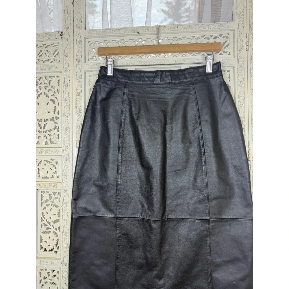 Vtg Leathers By Tibor Black Leather‎ Pencil Skirt Back Slit Straight Sz S/M